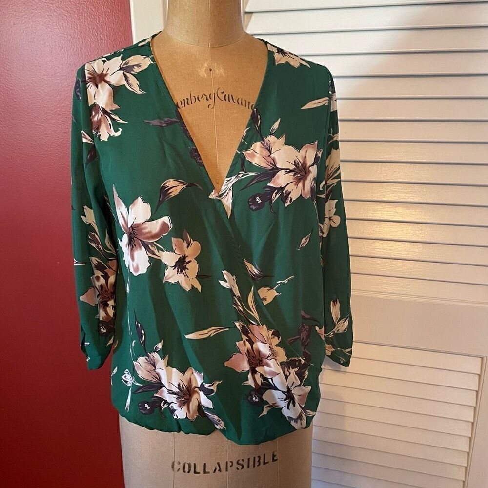 WEST KEI | green purple white v neck roll tab sleeve wrap blouse SP